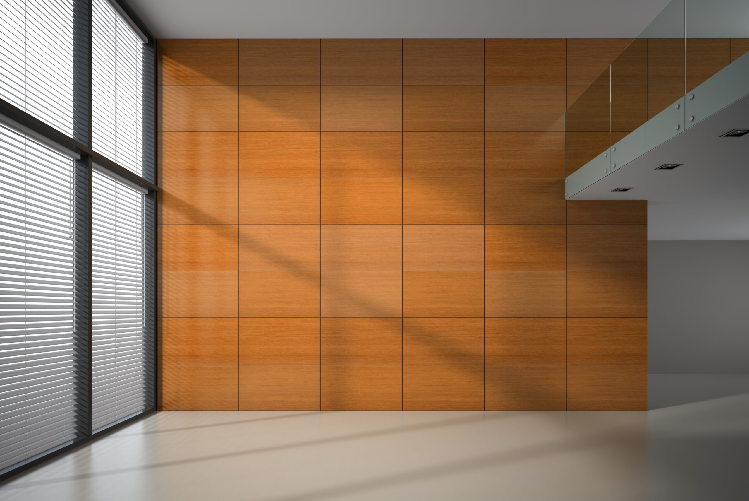 Empty room with wooden panel walls 3D rendering
